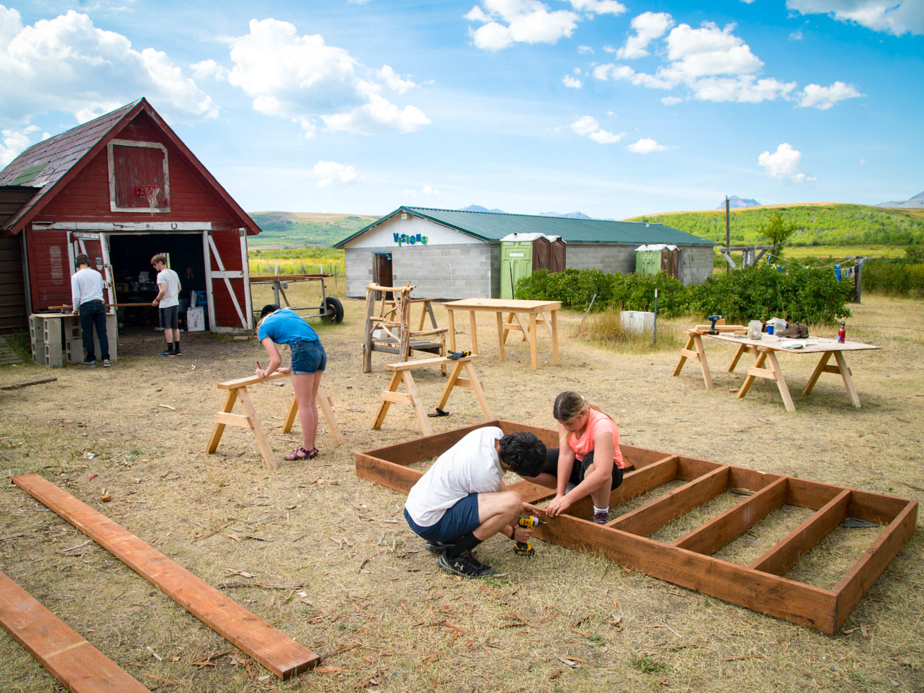 VISIONS participants taking on carpentry projects at the ranch on the Blackfeet Reservation.