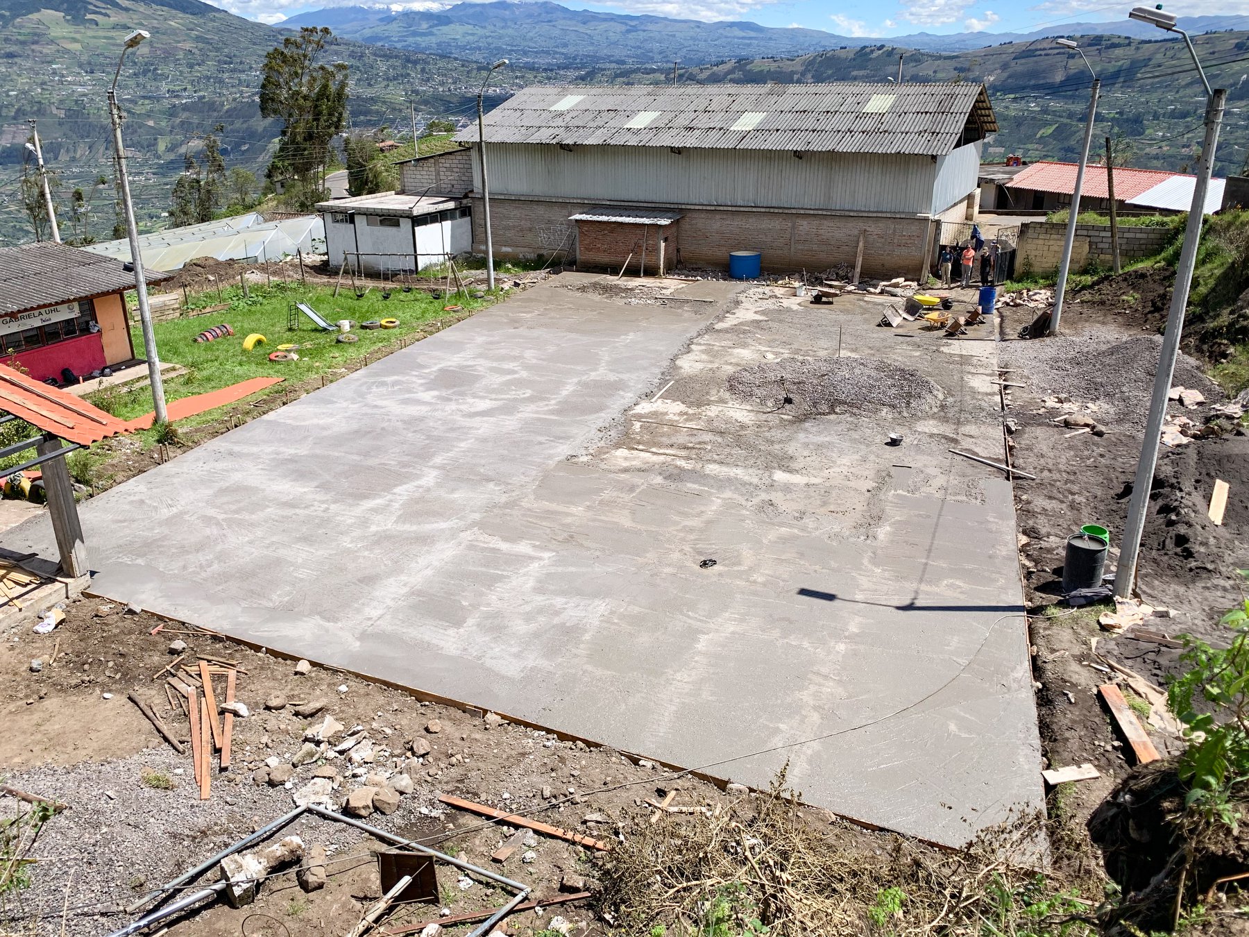 Vantage point view of finished restoration soccer pitch for community service in Ecuador
