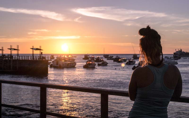 Teen volunteer looks out over harbor in the Galapagos at sunset