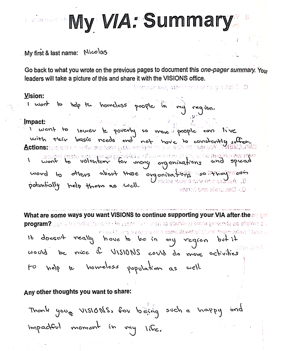 A handwritten summary titled My VIA: Summary by Nicolas. It outlines a vision to help homeless people, an impact goal to help them live with dignity, actions like volunteering and organizing events, and appreciation for VISIONS support.