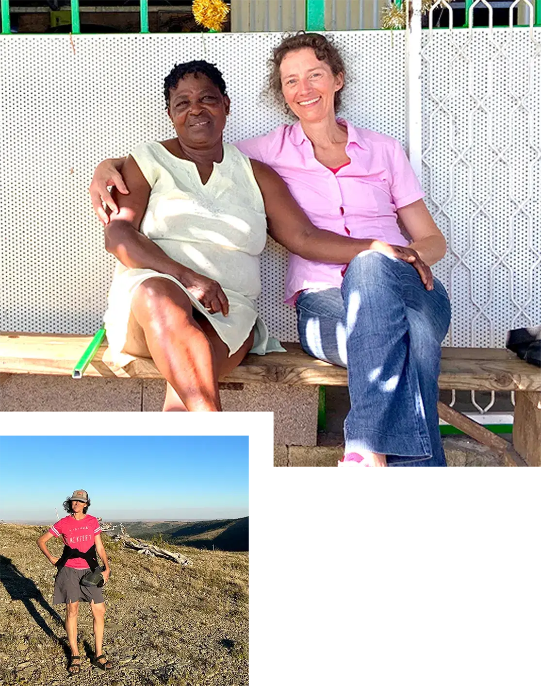 Two women are sitting close together on a wooden bench, smiling at the camera. An inset in the lower left shows a person standing outdoors on a hill, with a sky and landscape in the background.