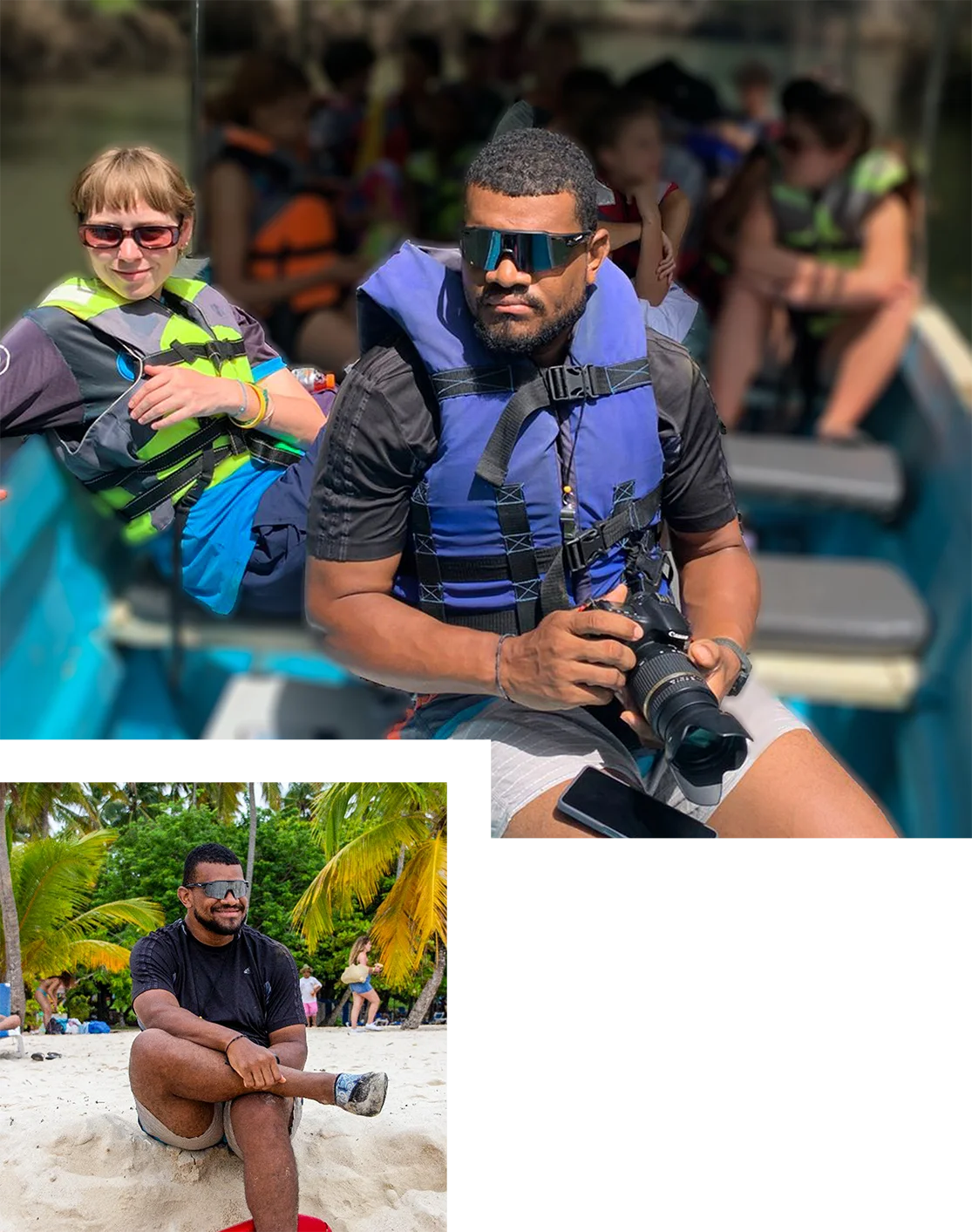 A man and woman wearing life jackets on a boat, and the same man sitting on a sandy beach surrounded by palm trees.