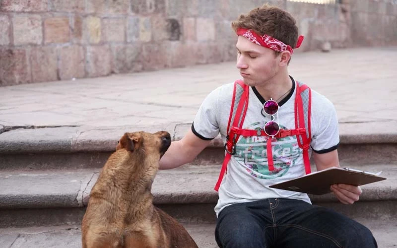 a teen sitting with dogs