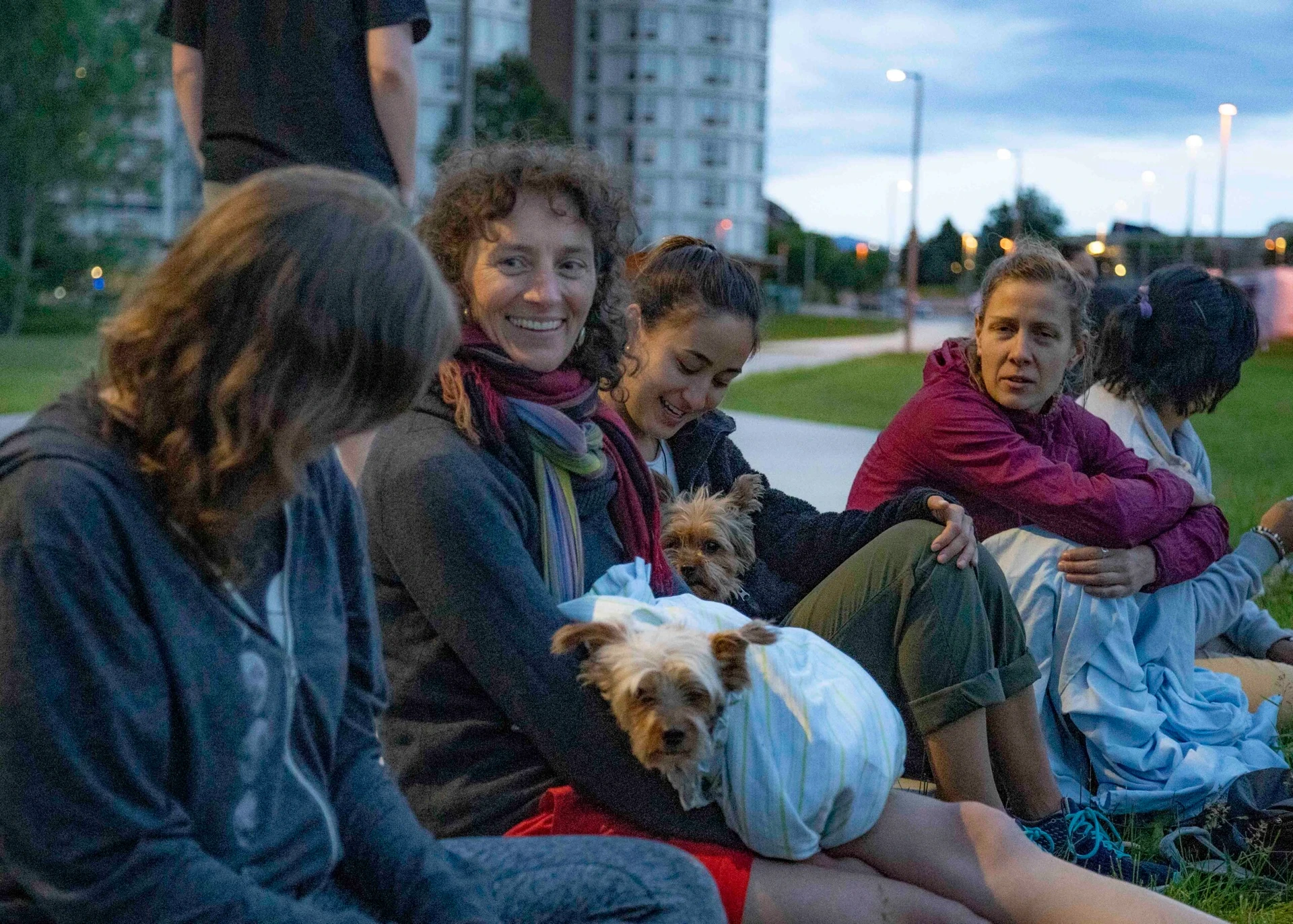 Visions leaders from around the world sit and talk with small dogs on their laps