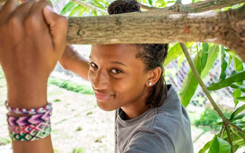 Dominican boy looks up from under a tree